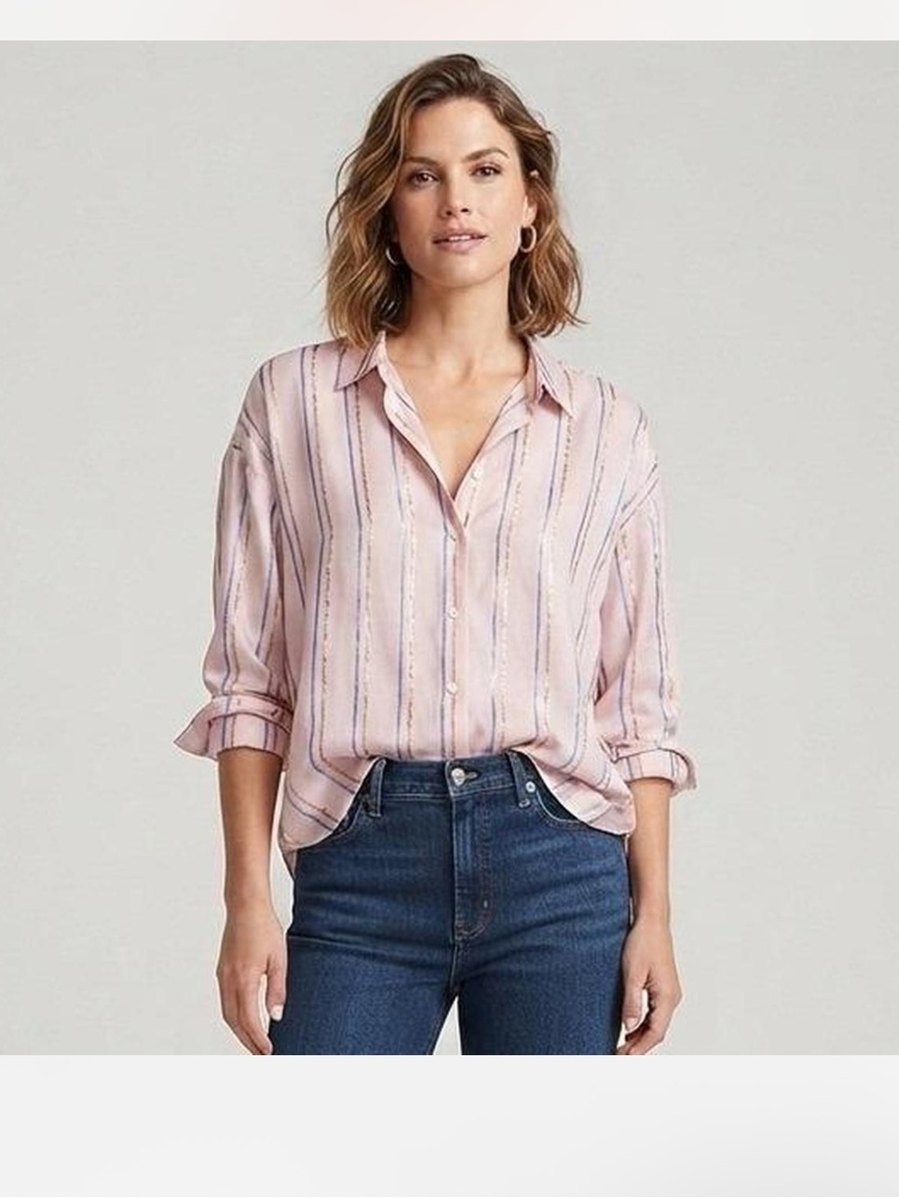 J Jill Cotton Blush Pink Metallic Striped Button Down Top Size Large